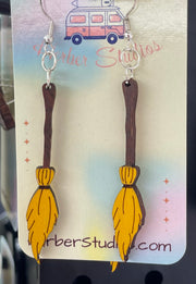 Halloween Witch Broom Dangle Drop Earrings - Witches Brooms